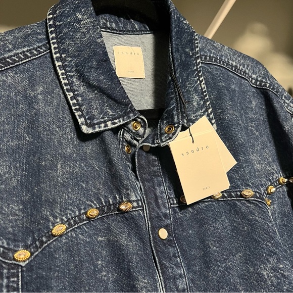 NWT Sandro Stane Denim Rhinestone Pearl Shirt Midnight Blue Western Jacket US 8 - Picture 11 of 16